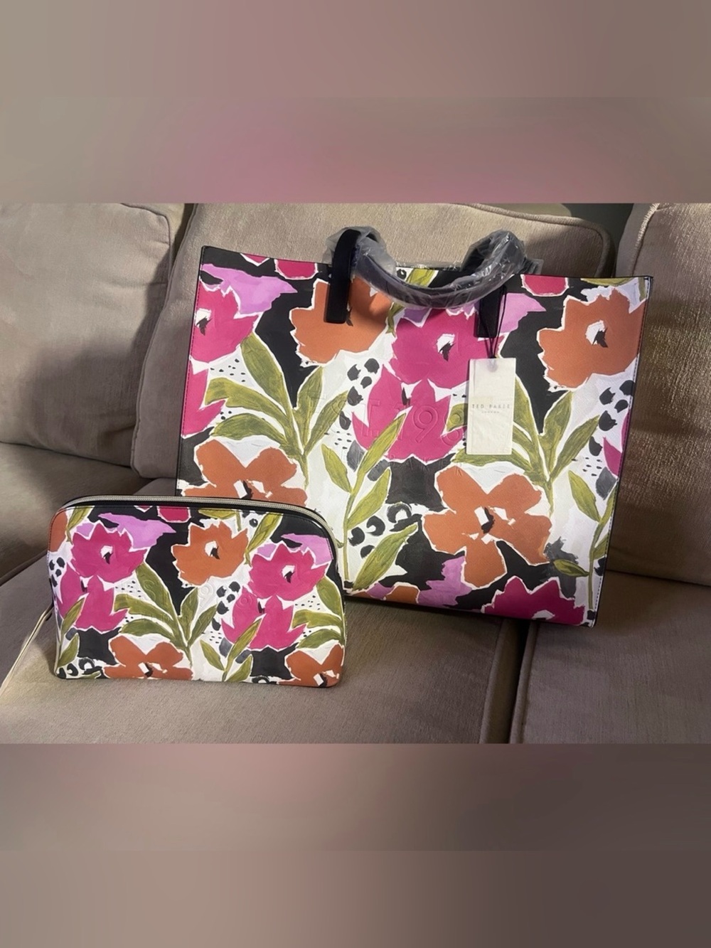 Ted Baker Pink, Orange & Green Floral Tote with Pouch